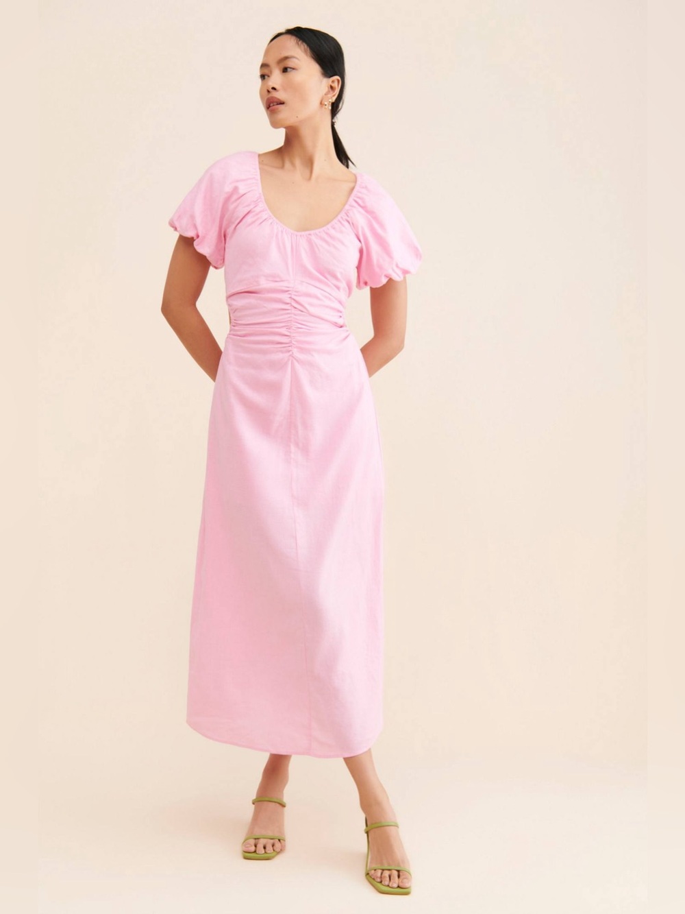 Sanctuary Anthropologie Beach Ruched Light Pink Puff-Sleeve Maxi Dress Size XS